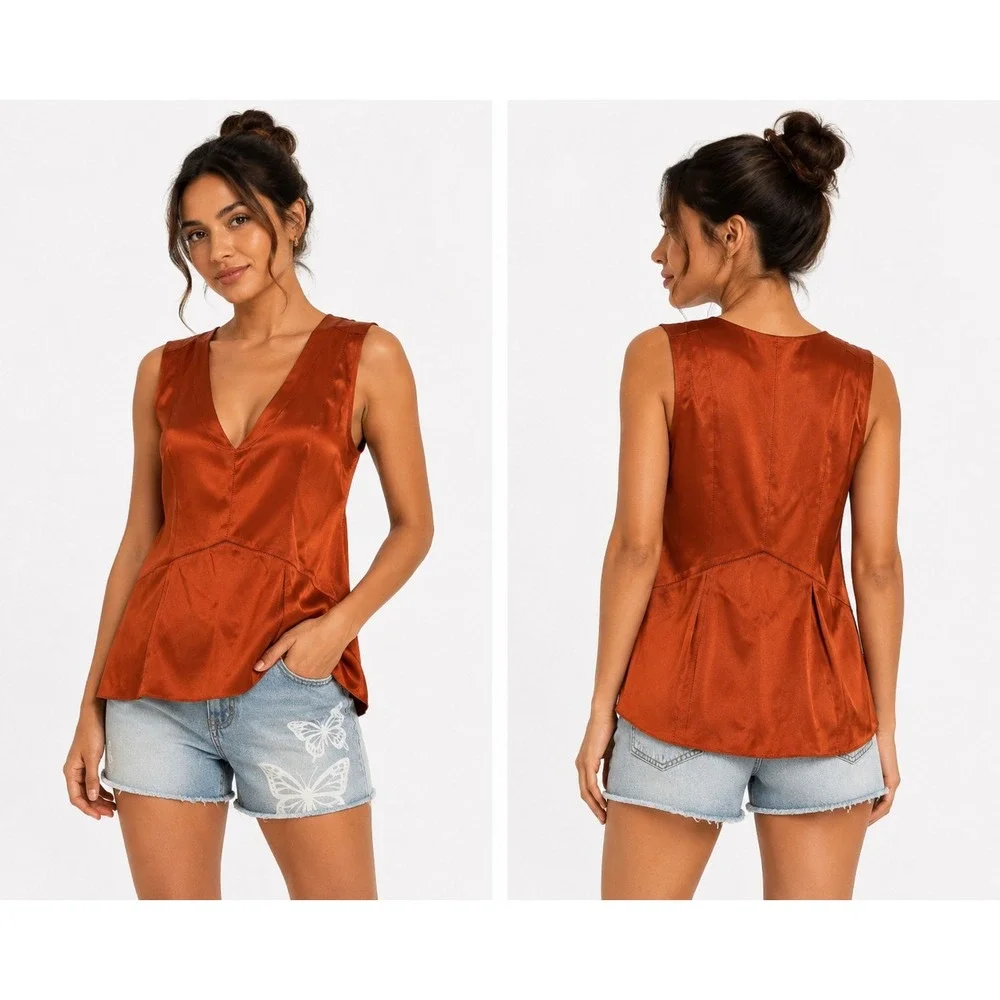Tory‎ Burch Silk Blouse Womens 10 Orange Sleeveless V-Neck Seam Detail Designer
